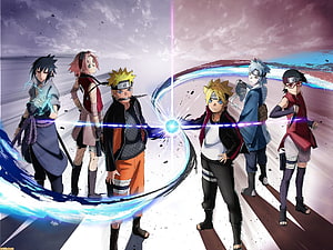 Naruto and Boruto Team 7 Characters Standing Together with Chakra Energy HD wallpaper