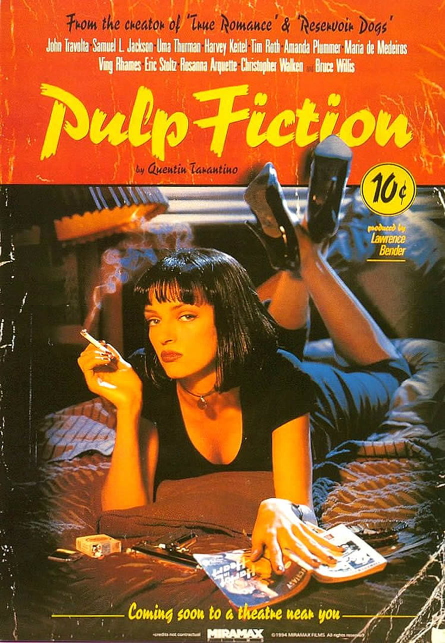 Pulp Fiction Movie Poster Featuring Uma Thurman Lying on Bed with Cigarette HD phone wallpaper