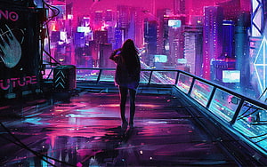 Cyberpunk Girl Silhouette on Rooftop Overlooking Neon Cityscape at Night HD wallpaper