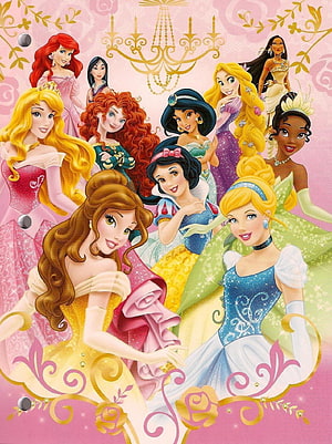 Disney Princesses Group Portrait in Elegant Ball Gowns with Pink Floral Background HD phone wallpaper