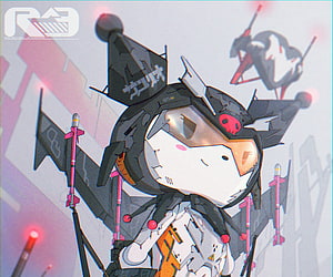 Kuromi in a futuristic mecha pilot suit with jet wings and missiles HD wallpaper