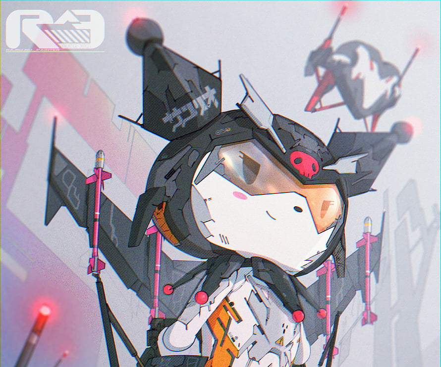Kuromi in a futuristic mecha pilot suit with jet wings and missiles HD wallpaper
