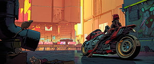 Cyberpunk Rider on a Red Motorcycle in a Neon-Lit City Street HD wallpaper