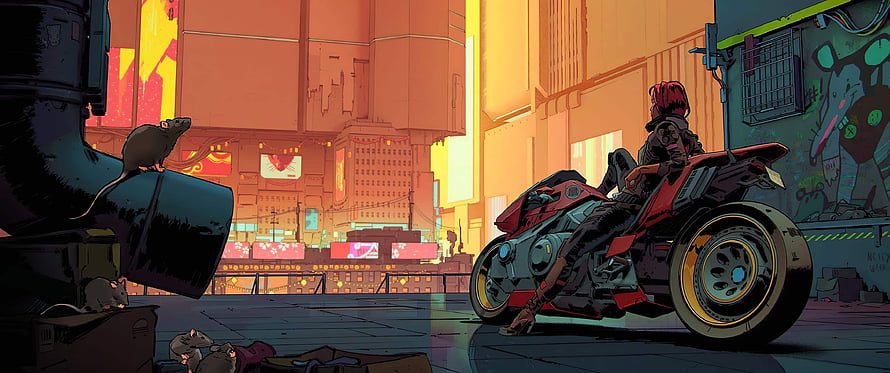 Cyberpunk Rider on a Red Motorcycle in a Neon-Lit City Street HD wallpaper