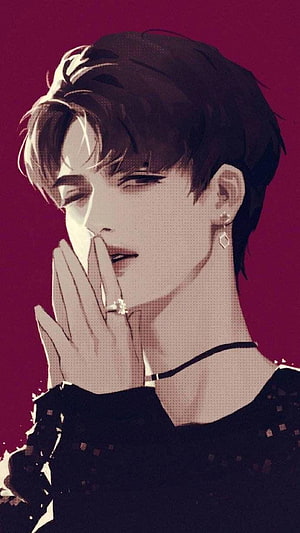 Stylized Anime Male Portrait with Hands Clasped Against Deep Red Background HD phone wallpaper