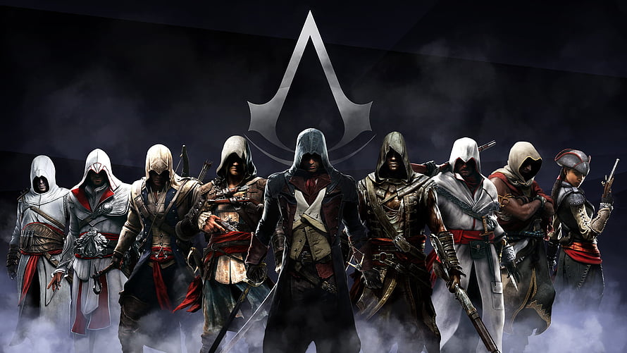 Assassin's Creed Legacy Lineup Featuring Ezio, Altaïr, and Connor in Dramatic Mist HD wallpaper