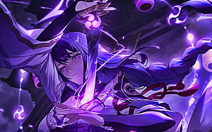 Raiden Shogun wielding her sword in a dramatic purple-lit scene from Genshin Impact HD wallpaper