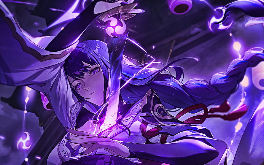 Raiden Shogun wielding her sword in a dramatic purple-lit scene from Genshin Impact HD wallpaper