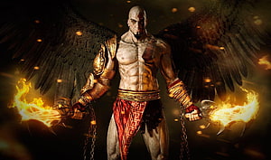 God of War Kratos with flaming blades and dark wings in dramatic fantasy artwork HD wallpaper