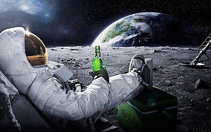 Astronaut Relaxing on the Moon Surface with a Green Bottle and Earth in the Background HD wallpaper