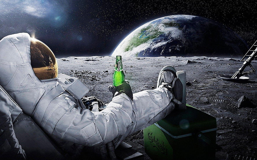 Astronaut Relaxing on the Moon Surface with a Green Bottle and Earth in the Background HD wallpaper