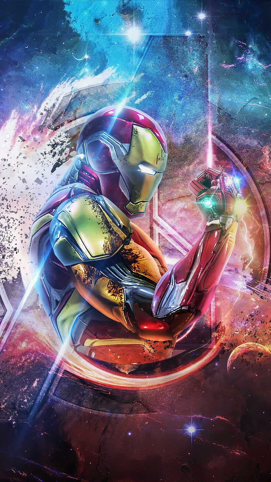 Iron Man Rescue Armor in Cosmic Nebula with Glowing Gauntlet and Starburst Effects HD phone wallpaper