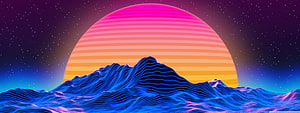 Retro Synthwave Sunset Over Neon Wireframe Mountains in Starry Night Sky HD wallpaper