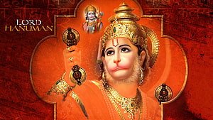 Lord Hanuman Digital Art Portrait With Golden Crown And Mace On Red Background HD wallpaper