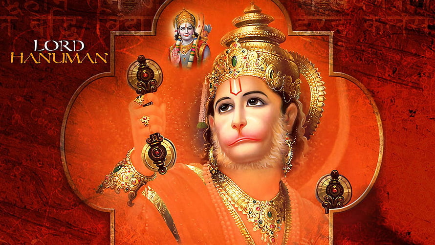 Lord Hanuman Digital Art Portrait With Golden Crown And Mace On Red Background HD wallpaper