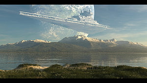 Star Wars Imperial Star Destroyer Hovering Over Mountainous Lake Landscape HD wallpaper
