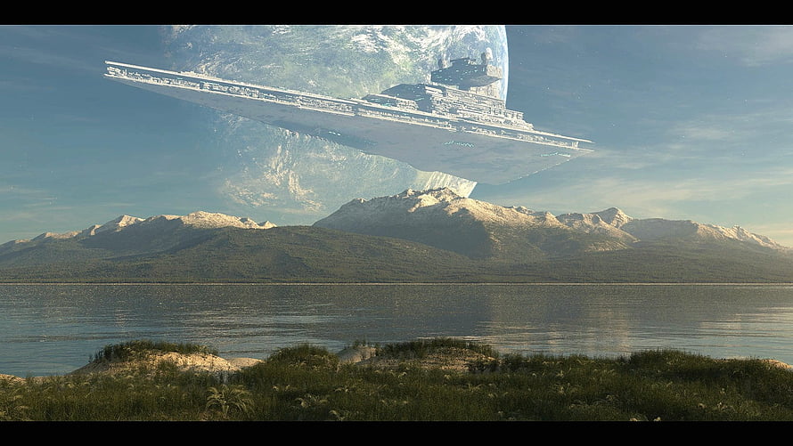Star Wars Imperial Star Destroyer Hovering Over Mountainous Lake Landscape HD wallpaper