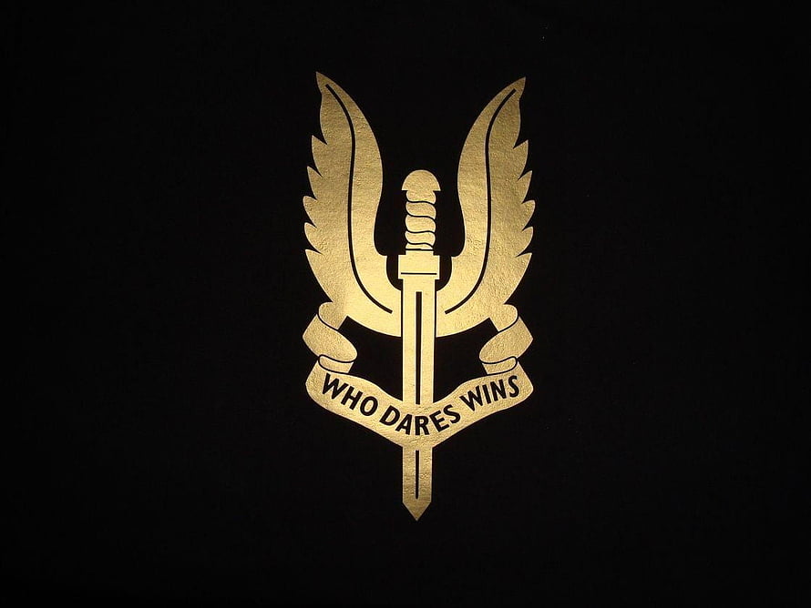 Golden Sword and Wings Emblem with Who Dares Wins Motto on Black Background HD wallpaper