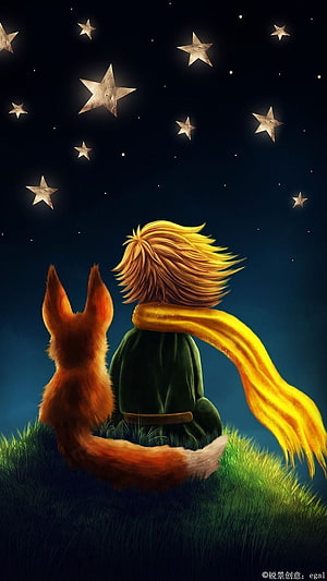 The Little Prince and the Fox Gazing at a Starry Night Sky HD phone wallpaper