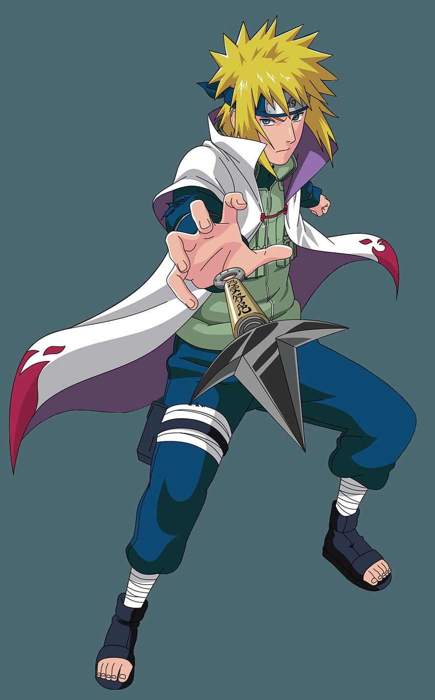 Minato Namikaze in dynamic action pose wielding kunai and shuriken from Naruto anime series HD phone wallpaper
