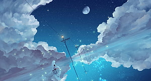 Dreamy Anime Night Sky with Floating Lanterns and Starry Clouds HD wallpaper