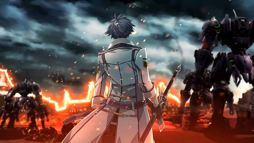 The Legend of Heroes: Trails of Cold Steel III anime warrior facing mechs in fiery battlefield HD wallpaper