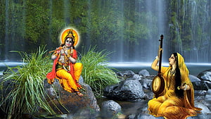 Krishna and Meera Bai Playing Musical Instruments by a Waterfall HD wallpaper