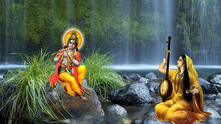 Krishna and Meera Bai Playing Musical Instruments by a Waterfall HD wallpaper