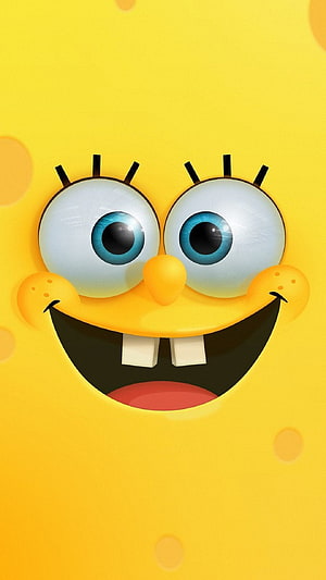 SpongeBob SquarePants 3D Face Close-Up with Big Smile and Blue Eyes on Yellow Background HD phone wallpaper