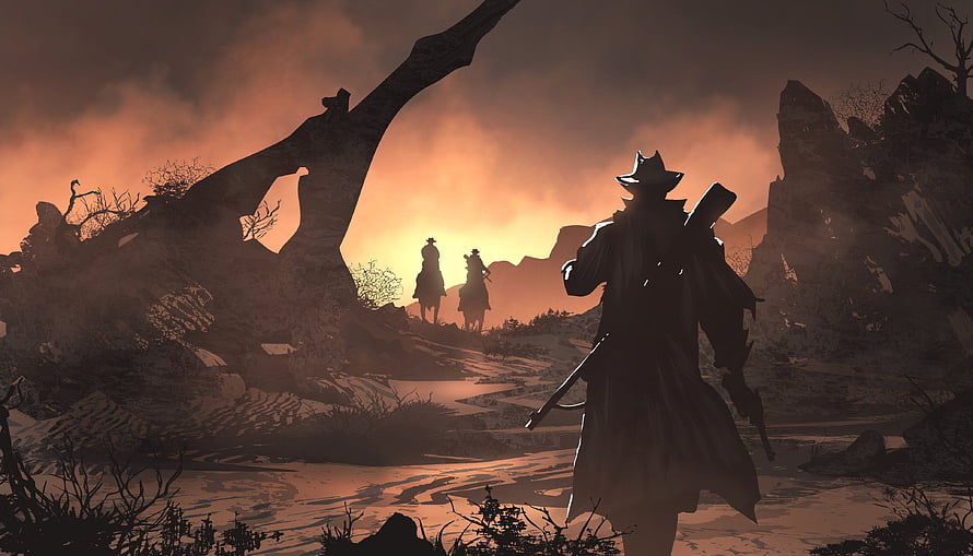 Red Dead Redemption 2 Silhouette Artwork of Gunslingers in a Desolate Canyon at Sunset HD wallpaper