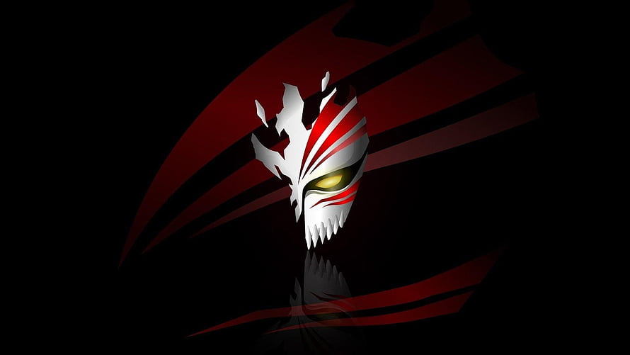 Ichigo Kurosaki Hollow Mask from Bleach with Glowing Eye and Red Streaks on Black Background HD wallpaper