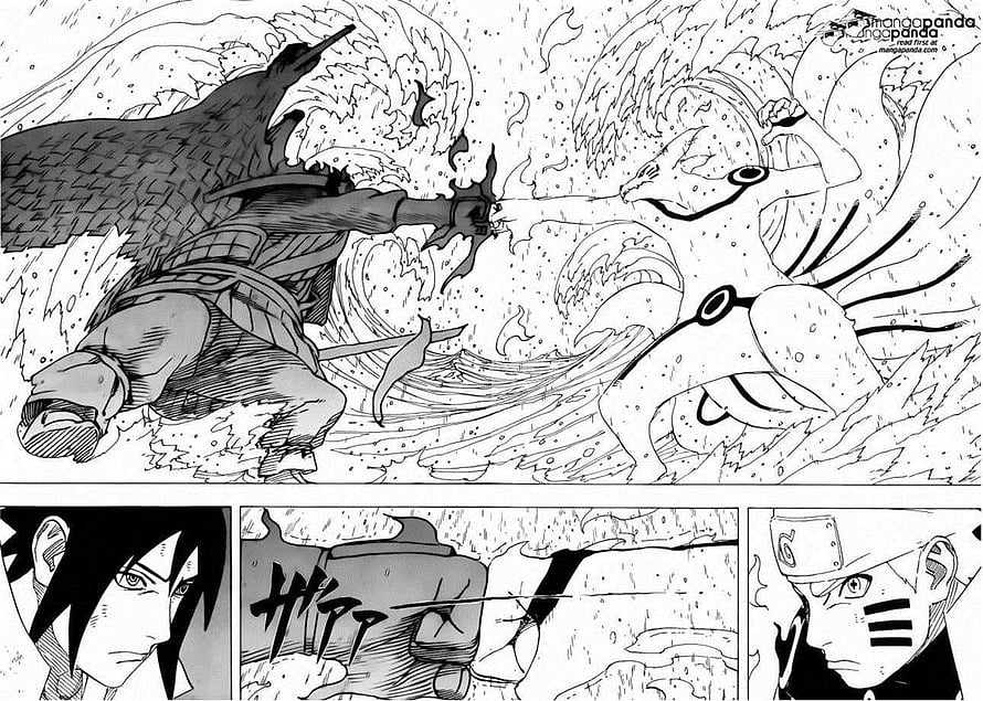 Naruto manga panel showing Sasuke and Naruto in intense combat with dynamic action lines HD wallpaper