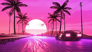 Retro 80s Synthwave Sunset with Neon Grid Road, Palm Trees, and Classic Sports Car HD wallpaper
