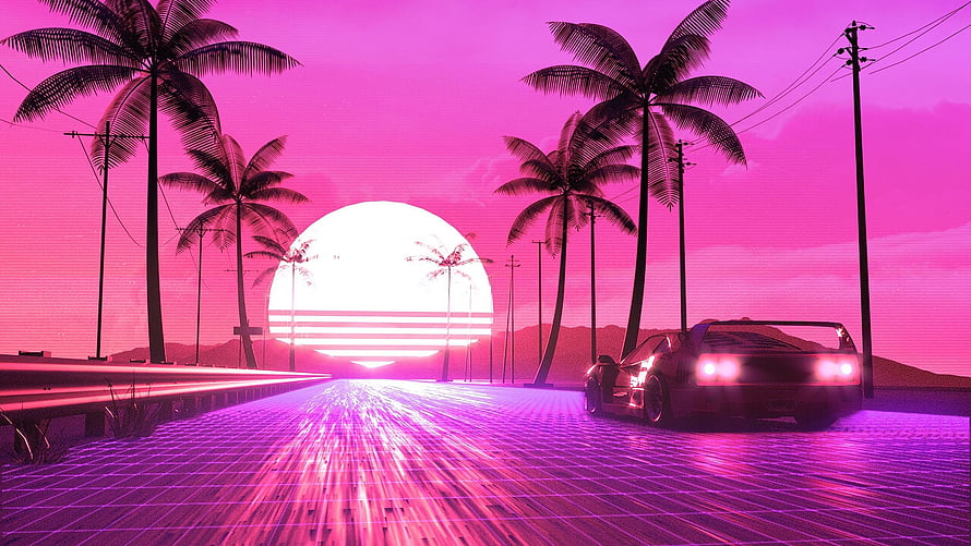 Retro 80s Synthwave Sunset with Neon Grid Road, Palm Trees, and Classic Sports Car HD wallpaper