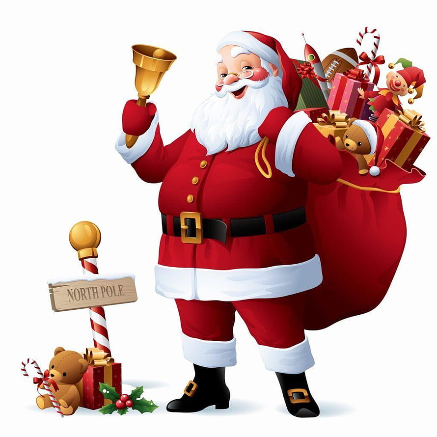 Santa Claus at the North Pole with Gift Sack and Holiday Bell HD phone wallpaper