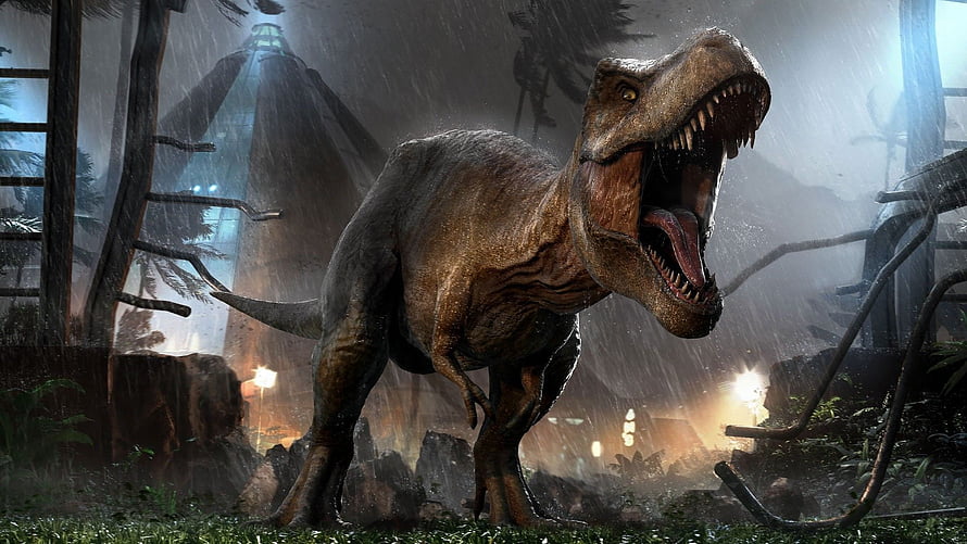 Tyrannosaurus Rex Roaring in a Rainy Jungle at Night with a Tower in the Background HD wallpaper