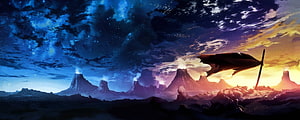 Epic Fantasy Landscape with Volcanic Peaks and Tattered Banner at Sunset HD wallpaper
