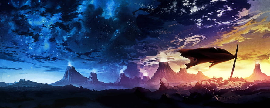 Epic Fantasy Landscape with Volcanic Peaks and Tattered Banner at Sunset HD wallpaper