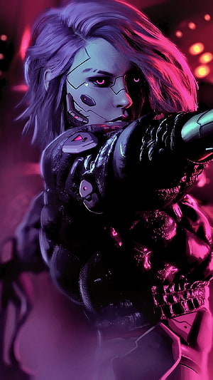 Cyborg Girl in Cyberpunk Armor with Neon Pink and Purple Lighting HD phone wallpaper
