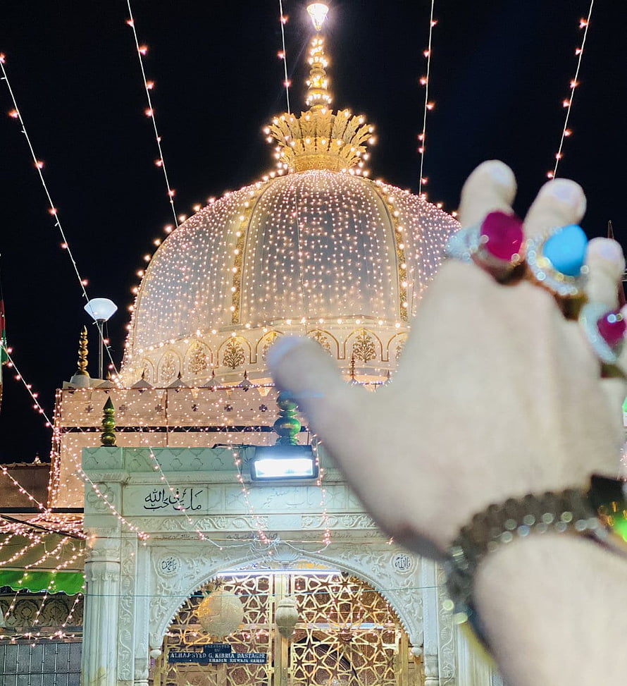 Illuminated Golden Dome of Ajmer Sharif Dargah at Night with Festive String Lights HD phone wallpaper