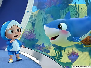 Cocomelon Baby Shark and Toddler at Aquarium Window HD wallpaper