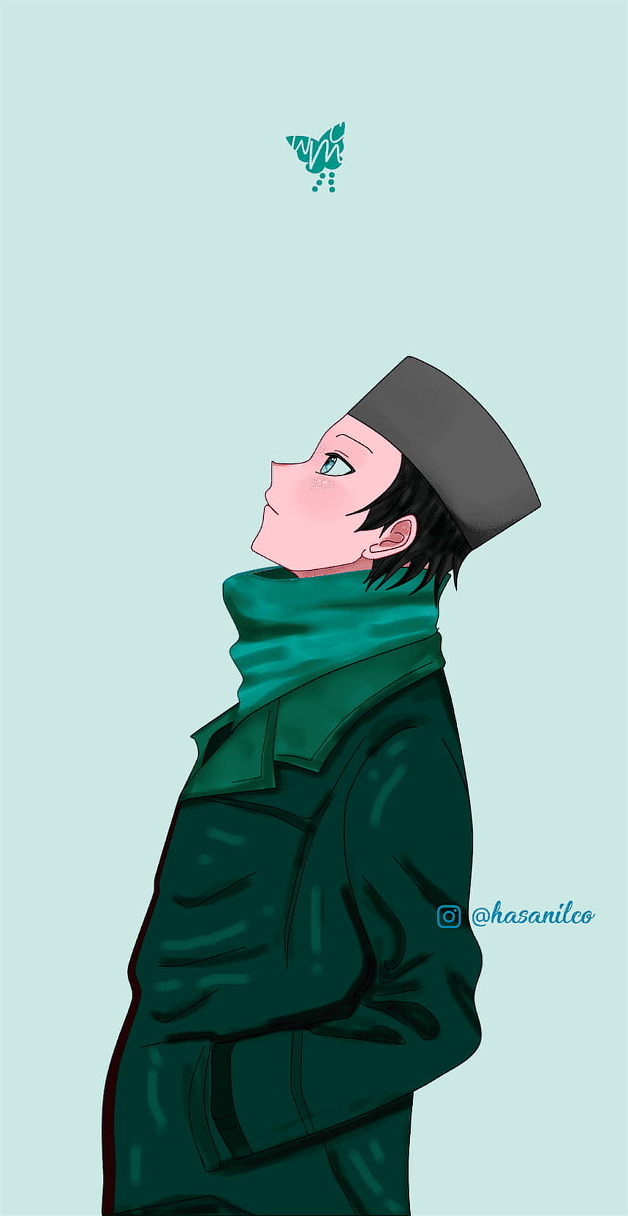 Anime Boy in Green Coat and Cap Looking Up at Butterfly HD phone wallpaper