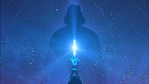 Star Wars Blue Force Ghost and Small Figure Holding a Glowing Lightsaber in a Starry Night Sky HD wallpaper