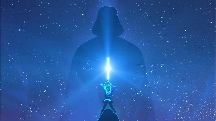 Star Wars Blue Force Ghost and Small Figure Holding a Glowing Lightsaber in a Starry Night Sky HD wallpaper