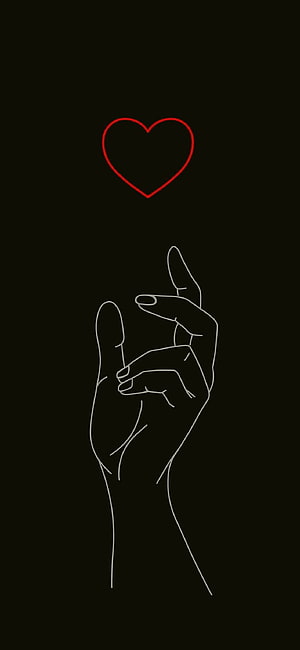 Minimalist Line Art of Two Hands Forming a Heart Shape with Red Outline on Black Background HD phone wallpaper