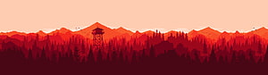 Red Tinted Mountain Forest Panorama With Fire Watch Tower At Sunset HD wallpaper