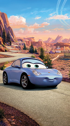Sally Carrera from Cars driving through a scenic desert canyon at sunset HD phone wallpaper