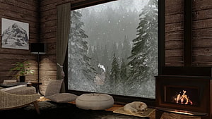 Cozy Cabin Interior With Fireplace And Snowy Forest View Through Large Window HD wallpaper