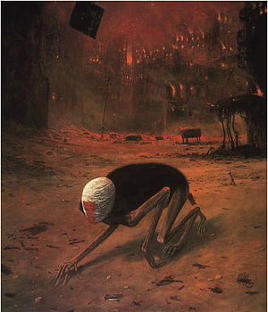 Zdzisław Beksiński Surreal Dark Fantasy Painting of a Crouching Figure in a Burning Landscape HD phone wallpaper
