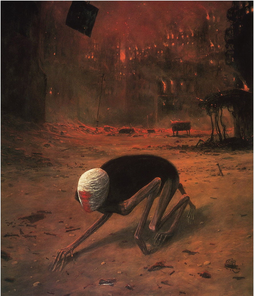 Zdzisław Beksiński Surreal Dark Fantasy Painting of a Crouching Figure in a Burning Landscape HD phone wallpaper